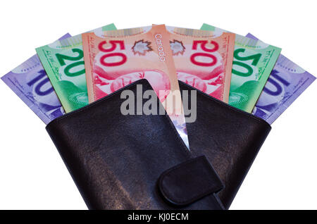 Dollars canadiens en portefeuille en cuir brun Banque D'Images