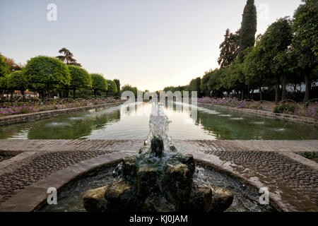 Vue panoramique depuis l'étang principal depuis les jardins Alcazar de los reyes católicos de Cordoue (Andalousie, Espagne). Banque D'Images