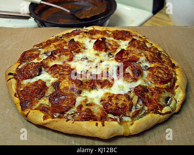 La pizza pepperoni, un aliment de restauration rapide populaire, présente une croûte croustillante garnie de sauce tomate, de fromage mozzarella et de tranches de pepperoni. Ce plat est généralement servi dans les pizzas et les chaînes de restauration rapide du monde entier. Banque D'Images