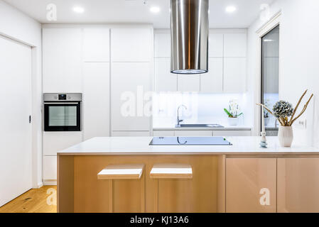 Nouveau design intérieur blanc moderne équipée avec appareils de cuisine. résidence cuisine avec évier, cuisinière, plaque de cuisson et placards en bois blanc et dur Banque D'Images