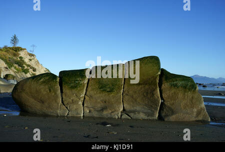 Grand rocher fissuré avec algues vertes sur la plage de marée de Cook Inlet près de Homer, Kenai Peninsula, Alaska Banque D'Images