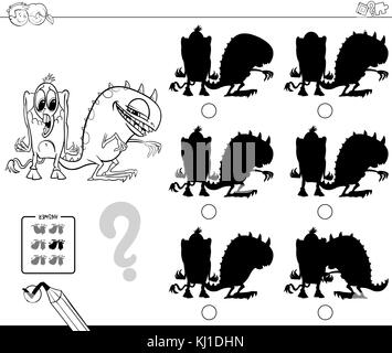 Cartoon noir et blanc illustration de la recherche de l'ombre sans différences activité éducative pour les enfants ayant des caractères colorin funny monster Illustration de Vecteur