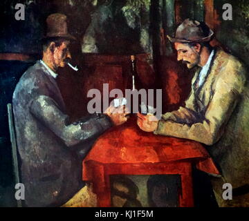 Les joueurs de cartes1890-92, par l'artiste postimpressionniste, Paul Cézanne. Peint pendant la période finale de Cézanne au début des années 1890, il y a cinq tableaux dans la série. Les joueurs de cartes (Louvre), dépeint les hommes jouant aux cartes dans un café. Dans cette version, la bouteille sur la table, avec son blanc brillant, mettre en évidence la composition divise en deux, attirant l'attention sur les tonalités claires et sombres de la robe des deux chiffres. Banque D'Images