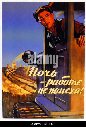 Affiche de propagande russe soviétique que d'avertissement, "la nuit ne nous a pas empêché de travailler ! Comme les agriculteurs cultivent la terre avec des tracteurs Banque D'Images