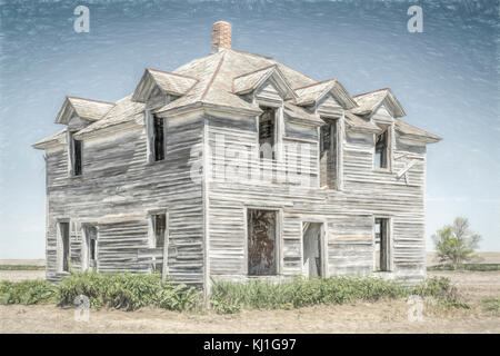 Vieille maison abandonnée en milieu rural nebraska en plein milieu d'un champ numérique, effet peinture charbon Banque D'Images