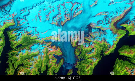 Retrait de l'Alaska Glacier Columbia ; image satellite montre l'état de la fonte des glaciers en 1986 Banque D'Images