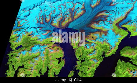 Retrait de l'Alaska Glacier Columbia ; image satellite montre l'état de la fonte des glaciers en 2014 Banque D'Images