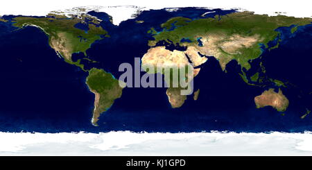 Image true-color détaillées de l'ensemble de la Terre. En utilisant une collection d'observations par satellite, les scientifiques et les visualiseurs cousues ensemble mois d'observations de la surface terrestre, les océans, la glace de mer, et les nuages dans une mosaïque de true-color chaque kilomètre carré (.386 km2) de notre planète. Ces images sont librement disponibles pour les éducateurs, les scientifiques, les musées et le public. Une grande partie de l'information contenue dans cette image provient d'un seul dispositif de télédétection de la NASA-spectromètre imageur à résolution moyenne (MODIS, ou. Banque D'Images