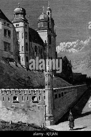 Gravure représentant le château de Wawel la nuit. Le Château du Wawel est un château situé à résidence dans le centre de Cracovie, Pologne. En date du 19e siècle Banque D'Images