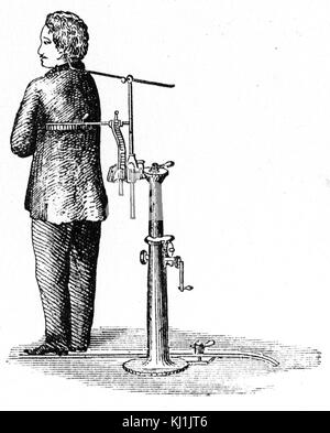 Gravure représentant un collier permanent utilisé pour garder l'objet tout droit pendant une longue exposition de photographies. En date du 19e siècle Banque D'Images