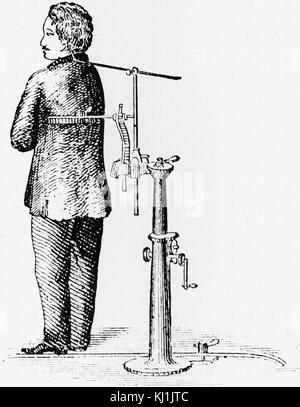 Gravure représentant un collier permanent utilisé pour garder l'objet tout droit pendant une longue exposition de photographies. En date du 19e siècle Banque D'Images