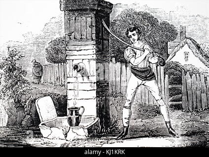 Gravure illustrant le travail de la poignée d'une pompe (un levier) afin de tirer de l'eau. En date du 19e siècle Banque D'Images