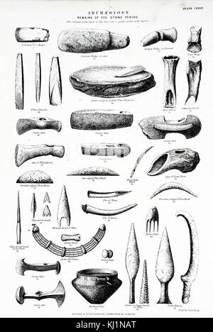 Gravure représentant le reste des outils de l'âge de la pierre y compris : Poli cale avant, granit, granit ou ax wedge wedge ou marteau, et broches. En date du 19e siècle Banque D'Images