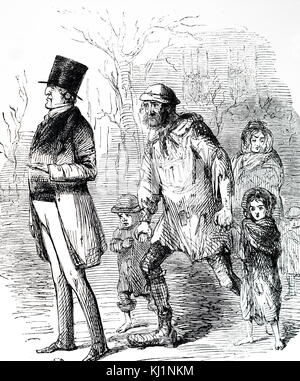 Caricature montrant le premier ministre lord Melbourne à parler aux pauvres affamés en disant 'Je suis vraiment désolé, mon bon homme, mais je ne peux rien faire pour vous'. Le premier ministre William Lamb, 2e vicomte de Melbourne (1779-1848) un homme d'État britannique du Parti whig. En date du 19e siècle Banque D'Images