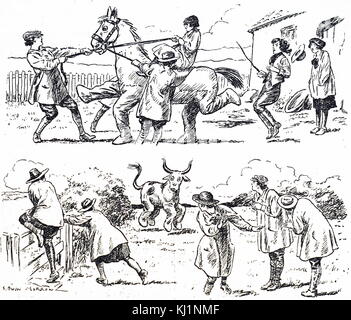 Caricature montrant la terre pour aider un agriculteur au cours de la Grande Guerre. En date du 20e siècle Banque D'Images