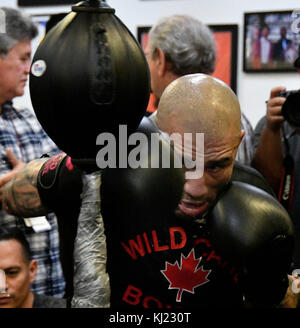 CA. 20 novembre 2017. Lors de sa dernière séance d'entraînement SoCal Media Day Miguel Cotto, quatre divisions, six fois champion du monde, et actuel WBO Jr. Le champion du monde poids moyen s'entraîne au gymnase Wild Card lundi. Miguel Cotto affrontera Sadam Ali le 2 décembre au Madison Square Garden Arena et sera retransmis en direct sur HBO alors que Miguel Cotto se retirera de la boxe. (Photo de Gene Blevins/LA DailyNews/SCNG/ZUMAPRESS. Crédit : Gene Blevins/ZUMA Wire/Alamy Live News Banque D'Images