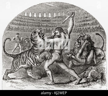 Les combats de gladiateurs contre les animaux sauvages dans la Rome antique. De Ward et verrouiller l'illustre l'histoire du monde, publié c.1882. Banque D'Images