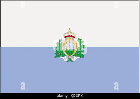 Le drapeau de Saint-Marin présente deux bandes horizontales, blanches sur le dessus et bleues sur le dessous, avec les armoiries de Saint-Marin au centre. Il symbolise la souveraineté et les traditions historiques du pays. Banque D'Images