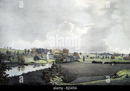 Une peinture de paysage du champ de bataille où l'une des batailles d'ouverture de la guerre d'indépendance américaine a été menée, une scène d'automne est représentée par une personne qui pêche sur les eaux calmes qui s'en couchent à travers la peinture, le paysage se compose de champs ouverts parsemés d'arbres dont les feuilles changent de couleurs, On peut voir des fermes dispersées à travers la campagne, Concord, Massachusetts, 1850. De la bibliothèque publique de New York. Banque D'Images