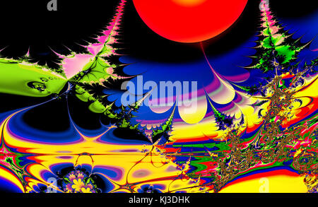 Abstract forêt avec des fleurs rouge, vert sapin et un immense soleil écarlate Banque D'Images