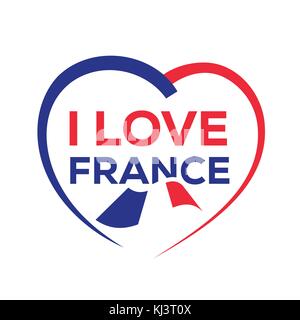 J'aime la France avec les contours du coeur et de l'icône de drapeau français, design, isolé sur fond blanc. Illustration de Vecteur