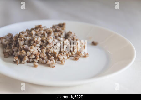 Bouillie de sarrasin en plaque sur fond blanc avec l'ombre. Banque D'Images