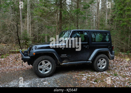 Jeep Wrangler Sport noir sale avec un treuil monté à l'avant, garé dans la forêt dans les montagnes Adirondack, NEW YORK. Banque D'Images