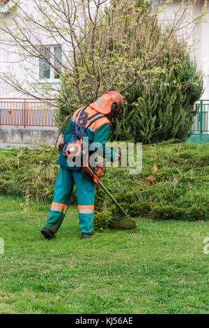 L'homme dans l'ensemble, et les garnitures de casque de sécurité coupe-herbe par herbe envahi Banque D'Images