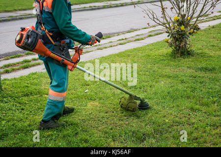 L'homme dans l'ensemble, et les garnitures de casque de sécurité coupe-herbe par herbe envahi Banque D'Images