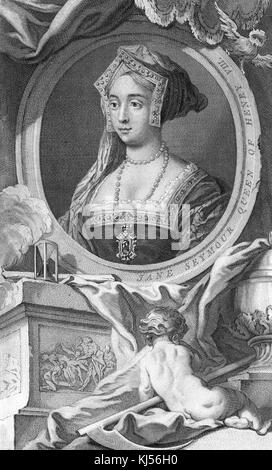 Portrait gravé de Jane Seymour, reine d'Angleterre de 1536 à 1537 comme troisième femme du roi Henri VIII, entouré d'un cadre ovale, avec un tissu drapé et un chérubin au fond, publié par John et Paul Knapton, Londres, Royaume-Uni, 1738. De la bibliothèque publique de New York. Banque D'Images