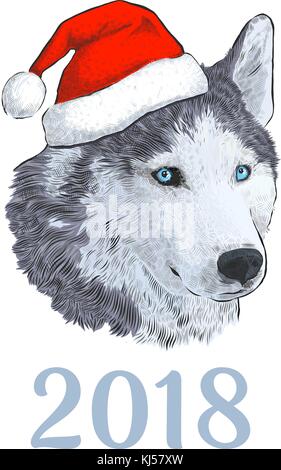 Nouvelle année 2018 carte de félicitations. husky à santa claus hat. gravure portrait dessin main libre isolé sur fond blanc. Illustration de Vecteur