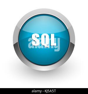 SQL bleu argent métallisé bordure web et icône de téléphone portable sur fond blanc avec ombre Banque D'Images