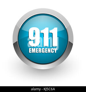 Numéro d'urgence 911 bleu argent métallisé bordure de chrome web et icône de téléphone portable sur fond blanc avec ombre Banque D'Images