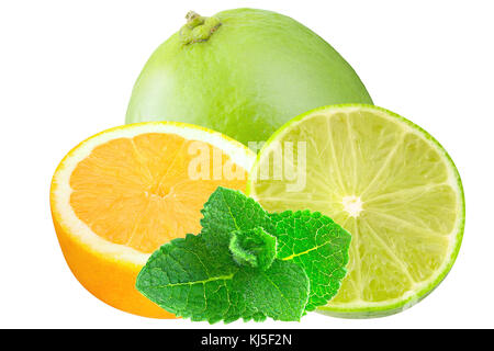 Fruits isolés. Tranches de citron et citron vert menthe avec iisolated sur fond blanc avec clipping path comme élément de la conception de l'emballage. Banque D'Images