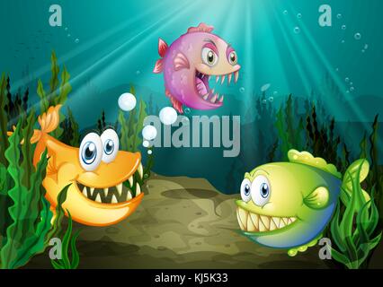 Illustration des trois différentes sortes de poissons avec de grands crochets sous la mer Illustration de Vecteur