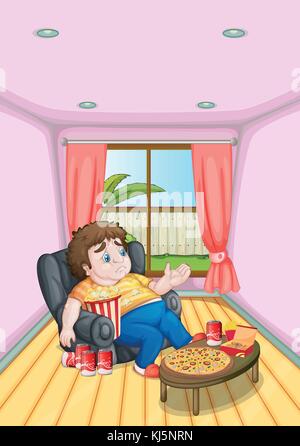 Illustration d'un jeune homme gras devant une table pleine d'aliments Illustration de Vecteur