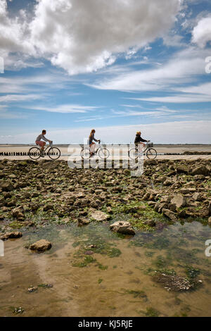 Faire du vélo à travers le passage du Gois à Noirmoutier un raz-de-chaussée dans la barre de Monts en Vendée département de la région Pays de la Loire France Banque D'Images