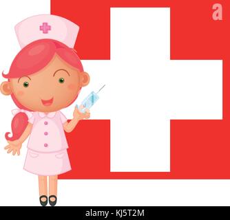 Illustration d'une infirmière avec une injection en face de la Suisse drapeau sur un fond blanc Illustration de Vecteur