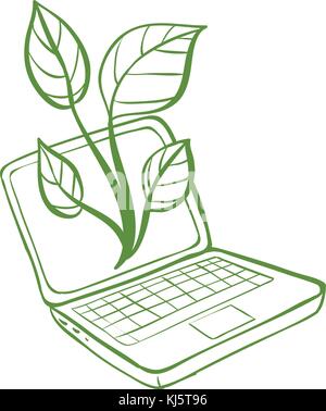 Illustration d'un ordinateur portable vert avec une image d'une plante verte sur un fond blanc Illustration de Vecteur