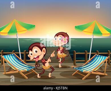 Illustration des deux singes dancing le pont de bois Illustration de Vecteur