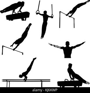 Définir les athlètes hommes gymnastes en gymnastique artistique silhouette Illustration de Vecteur