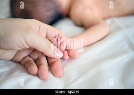 Dormir bébé nouveau-né dans la main de mère close-up. Banque D'Images