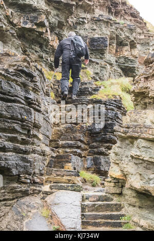 walker à l'aide de la main courante de la chaîne et des marches rocheuses pour monter le Brough of Deerness, Orkney, Écosse, Royaume-Uni Banque D'Images