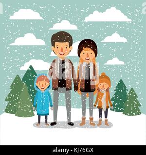 Gens fond d'hiver en famille dans paysage coloré avec des pins et de la neige qui tombe et les parents avec des vestes de cuir et fils avec chandail et cap de laine Illustration de Vecteur