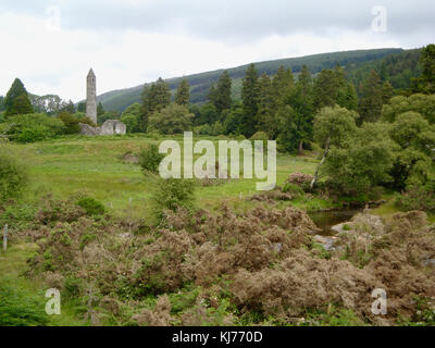 Cadre idyllique paysage irlandais avec tour ronde d'un ancien monastère en arrière-plan Banque D'Images