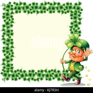 Illustration d'un homme tenant une feuille de trèfle à côté d'un cadre fait de feuilles sur un fond blanc Illustration de Vecteur