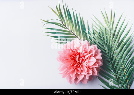 Fleur rose pastel et de feuilles de palmier tropical blanc sur fond de bureau, vue du dessus, la mise en page créative avec copie espace, frontière Banque D'Images