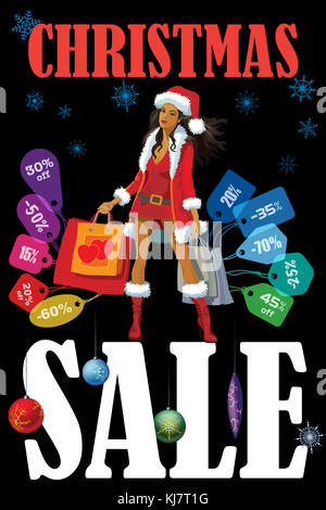 Vente de saison de Noël. Poster créatif. Woman on shopping shopping coloré et étiquettes de prix. Modèle de conception de la vente saisonnière sur black background Banque D'Images