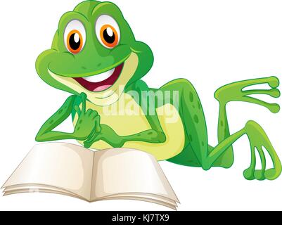 Illustration d'une grenouille se trouvant tout en lisant un livre sur un fond blanc Illustration de Vecteur