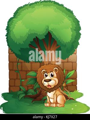 Illustration d'un lion sous un grand vieil arbre sur fond blanc Illustration de Vecteur